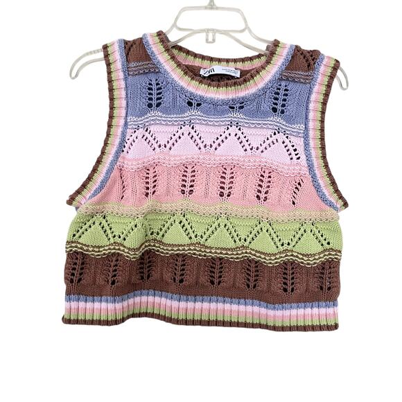 Zara Multicolor Crochet Knit Cropped Sleeveless Sweater Vest Top Size Medium - Picture 2 of 7